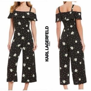 Karl Lagerfeld Romper Scoop Neck 6 Black White Off Shoulder Strap Wide Leg‎ Crop
